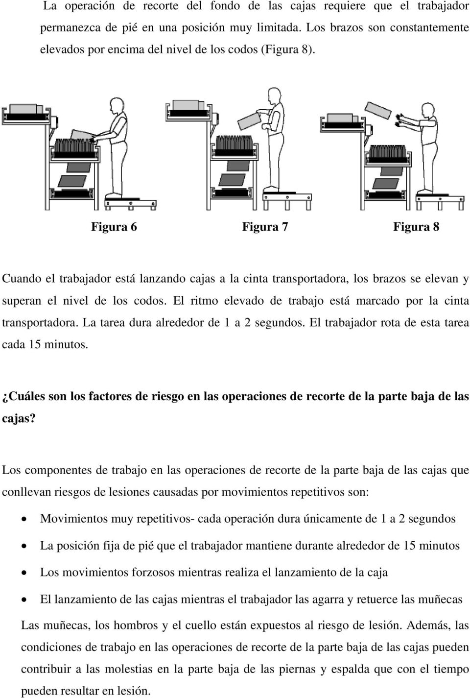 Figura 6 Figura 7 Figura 8 Cuando el trabajador está lanzando cajas a la cinta transportadora, los brazos se elevan y superan el nivel de los codos.