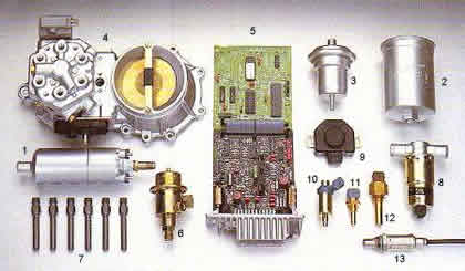 1.- Bomba eléctrica de combustible; 2.- Filtro; 3.- Acumulador de presión; 4.- Dosificador-distribuidor; 5.- ECU; 6.- Regulador de presión; 7.- Inyectores; 8.- Regulador de ralentí; 9.