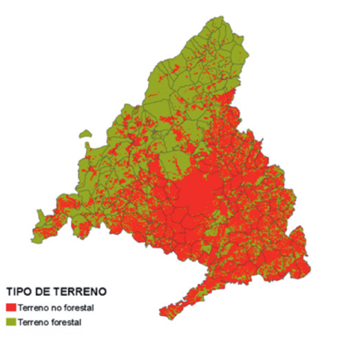 Tabla 3. Distribución del terreno forestal y no forestal en la Comunidad de Madrid Tipo de terreno Total Porcentaje de superficie (%) Terreno no forestal 369.106,87 45,99 % Terreno forestal 433.