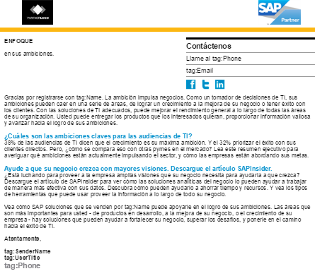 Campaña para audiencia TI: cartera de soluciones Edge Piezas en SAP Virtual Agency Correo Electrónico x 3 uno por tema Página de destino Página de
