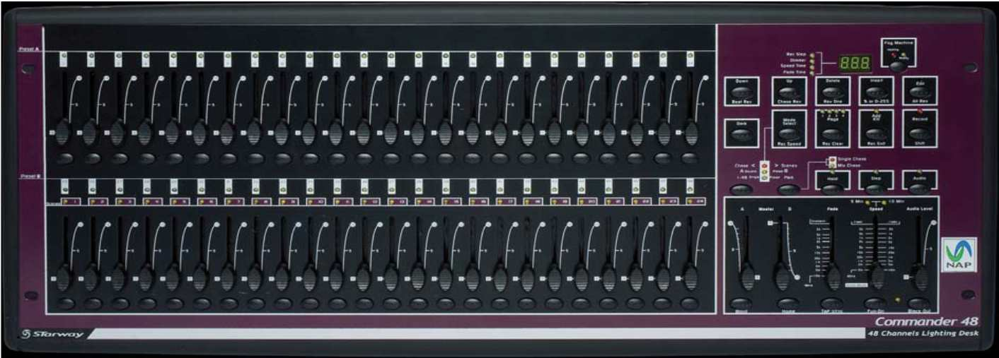 Consolas ISW412640 COMMANDER 48 Mesa de 48 canales DMX con 2 preparaciones, 4600 memorias, 96 secuencias 414,29 programables, modificación de una escena en directo o a ciegas, velocidad y tiempo de