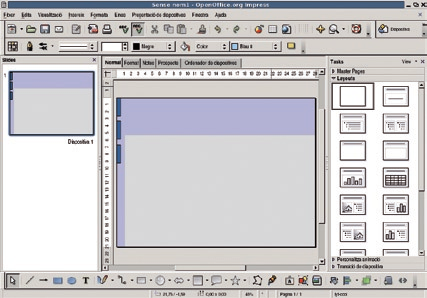 L OpenOffice.org Impress - A continuació cliquem Crea i s obrirà l OOo Impress amb la presentació que acabem de configurar. Figura 9. Presentació creada amb l auxiliar de presentació.
