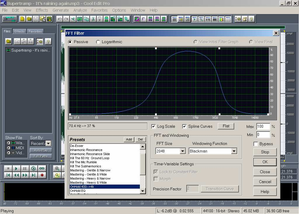 Los FFT filter permiten seleccionar los intervalos, el ancho de banda y la atenuación de cada uno de ellos por separado.