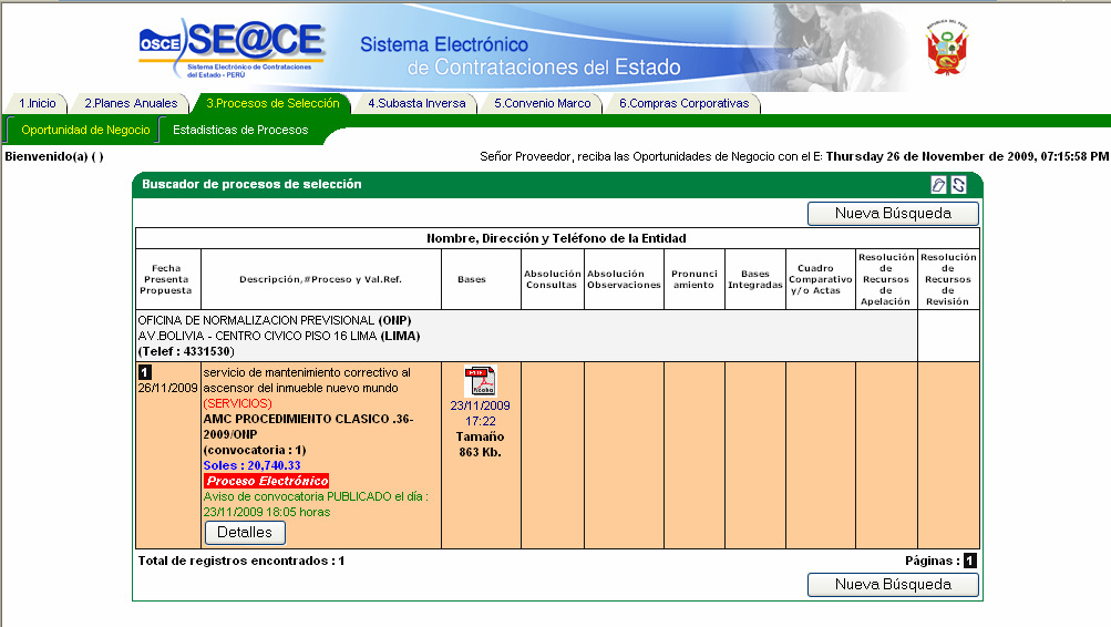 A continuación la pantalla le mostrará el proceso de selección requerido: BASES DEL PROCESO Fig.