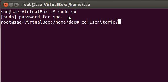 7 de 17 Instalación del SAE en Linux 7. Abrimos la consola de comandos. 8. Nos logeamos como super usuarios. Digitando sudo su. Escribimos la contraseña de nuestro usuario y presionamos Enter.