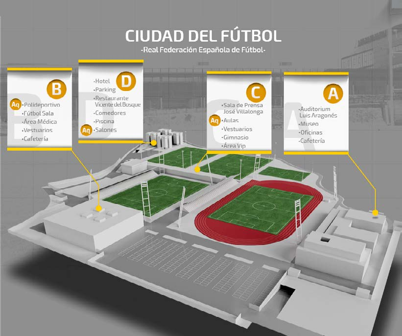 INSTALACIONES Las instalaciones deportivas pertenecen a la Real Federación Española de Fútbol, y cuentan con tres campos de hierba natural de fútbol 11, uno de hierba artificial de fútbol 11 y uno de