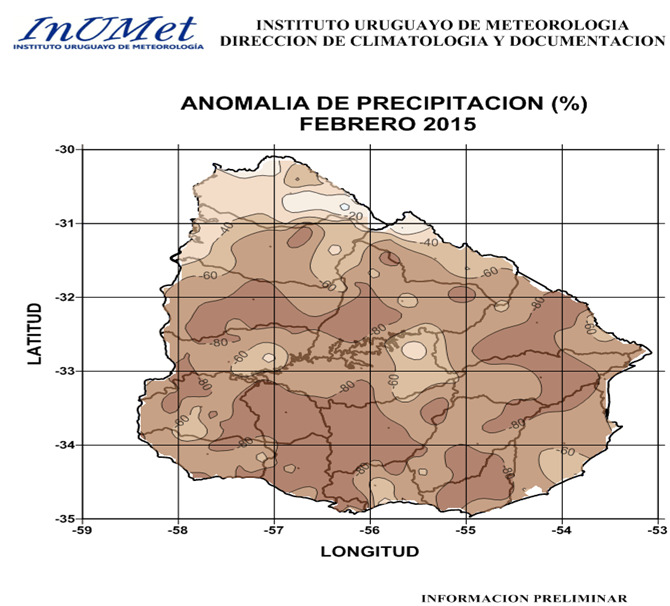 DESVÍO DE LA PRECIPITACIÓN (%) DIC 2014 ENE 2015 FEB 2015 El trimestre ha presentado desvíos positivos de la precipitación, en particular al norte (Artigas y sureste (Maldonado y Rocha), mientras que