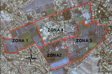 Figura 8. Imágen satelital del campus de la Universidad Nacional Agraria La Molina (Lima-Perú) mostrando las 4 zonas evaluadas.