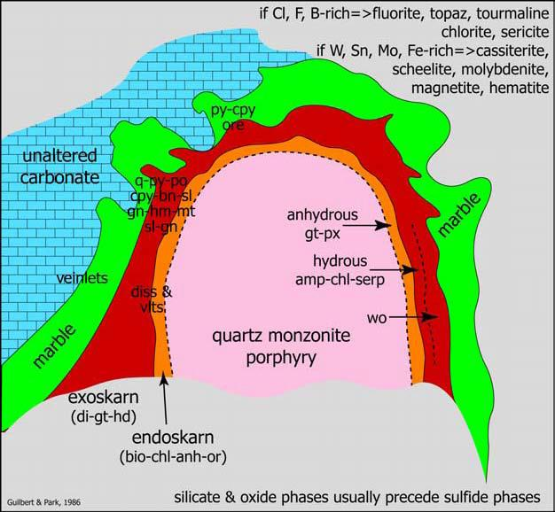 Depósitos tipo skarn: endo y exoskarn El endoskarn ocurre principalmente en la periferia de los plutones intrusivos donde el flujo de fluidos fue hacia adentro del plutón o paralelo al contacto de