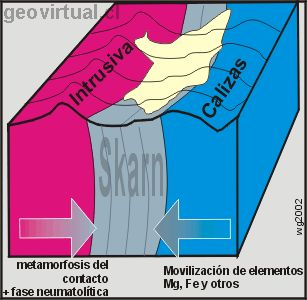 Skarn 1 El término Skarn fue definido por petrólogos metamórficos suecos para designar rocas metamórficas regionales o de contacto constituidas por Ca, Mg y Fe, elementos provenientes de un protolito