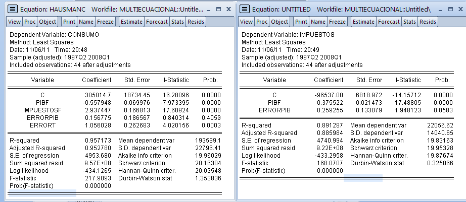 938 El valor estimado de los residuos se obtiene desde la ventana de estimación de cada ecuación a través de Proc-Make residual- Series, y se denominan errort y errorpib 3) Estimar < = g7,, n, š8 =