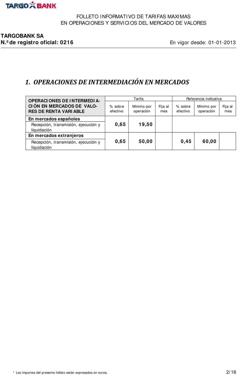 extranjeros Recepción, transmisión, ejecución y liquidación por operación 0,65 19,50 al mes Referencia