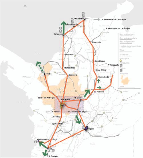 Una estrategia de ordenamiento económico-territorial para los valles de Aburrá, Occidente Cercano y San Nicolás en Antioquia Figura 12. Vías nacionales.