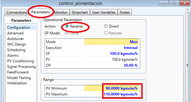 En la pestaña Parameters y se desplega la ventana para ingresar las especificaciones del controlador (figura 30). Primero hay se selecciona la acción del controlador (directa o inversa).