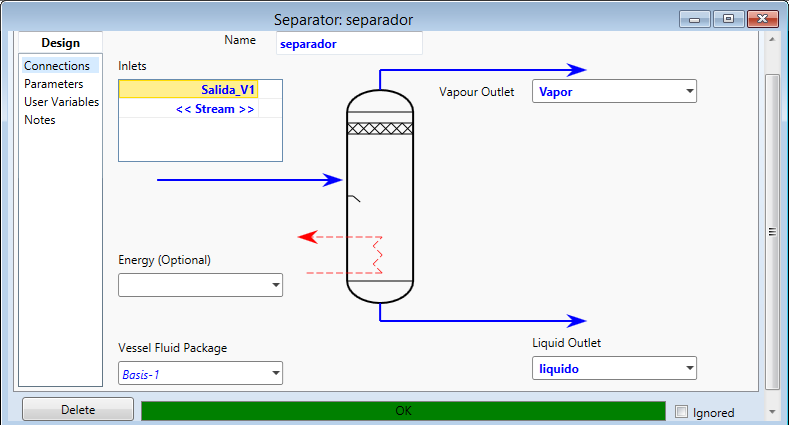 Cerrar la ventana de la válvula. Separador: ubicar el separador en la paleta y llevarlo al campo de simulación (figura 15) Figura 15.