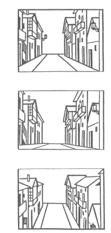 Práctica: PERSPECTIVA CÓNICA FRONTAL En los siguientes dibujos en perspectiva cónica frontal se presentan tres puntos de vista diferentes de una misma calle.