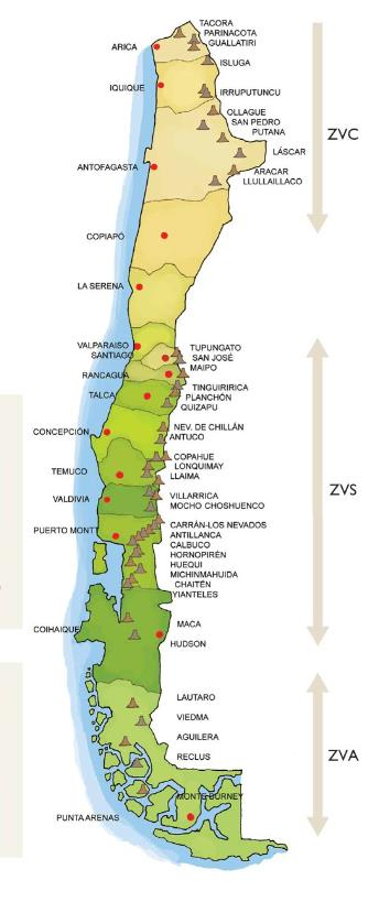 4. Con un mapa regionalizado de Chile y el mapa de la figura, ubica en cada región los principales volcanes, identificando con color rojo los que han estado activos en los