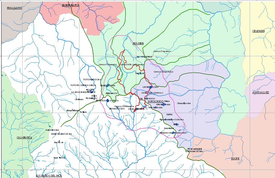PROYECTO CONGA Y SU IMPACTO EN LAS CUENCAS (lineas color verde) : ALTO JADIBAMBA y TOROMACHO (al norte), CHUGURMAYO y CHIRIMAYO (al este) y CUENCA CHONTA (al