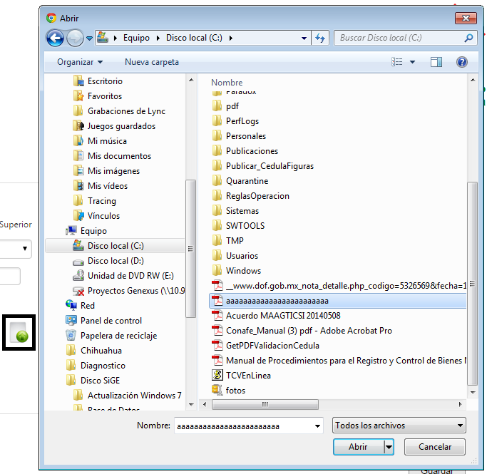Una vez hecho lo anterior se desplegará el cuadro de diálogo de Windows para abrir archivos, desde el cual se deberá buscar y seleccionar el archivo a cargar.