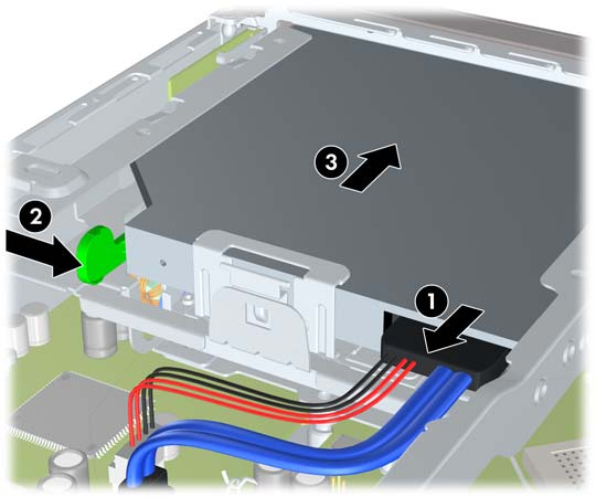 7. Desconecte el cable situado en la parte posterior de la unidad óptica (1), presione el pestillo de desbloqueo verde de la parte posterior derecha de la unidad hacia el centro de la unidad (2) y, a