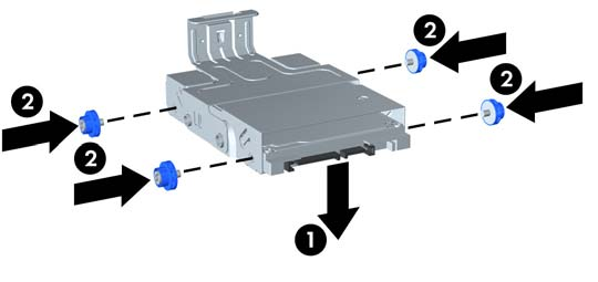 12. Coloque la unidad de disco duro de modo que la parte superior de la unidad quede situada contra la parte superior del soporte (1) para que la placa de circuitos de la parte inferior de la unidad