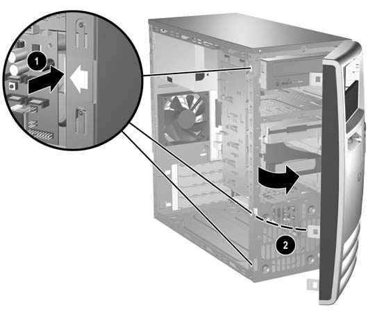 Extracción del panel frontal 1. Extraiga/desconecte cualquier dispositivo de seguridad que impida la apertura del ordenador. 2.