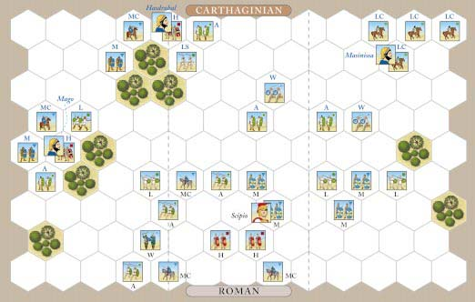 Command & Colors: Ancients 22 infligió bajas, pero mientras tanto la caballería cartaginesa había hecho huir a la caballería romana en ambos flancos y se cerró en la retaguardia del ejército romano
