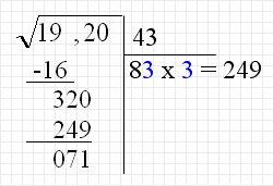 Colocamos el 3 a la derecha del 8, y el 83 se multiplica por 3, para obtener 249 que se pone debajo del 320 y nos da el resto, 71 Como ya no hay más grupos de cifras para bajar, el cálculo de la