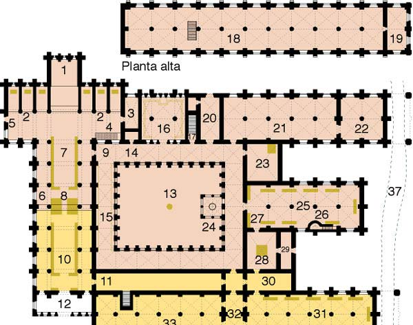 12- Nártex 15- Galería de los bancos 18- Dormitorio de lo monjes.