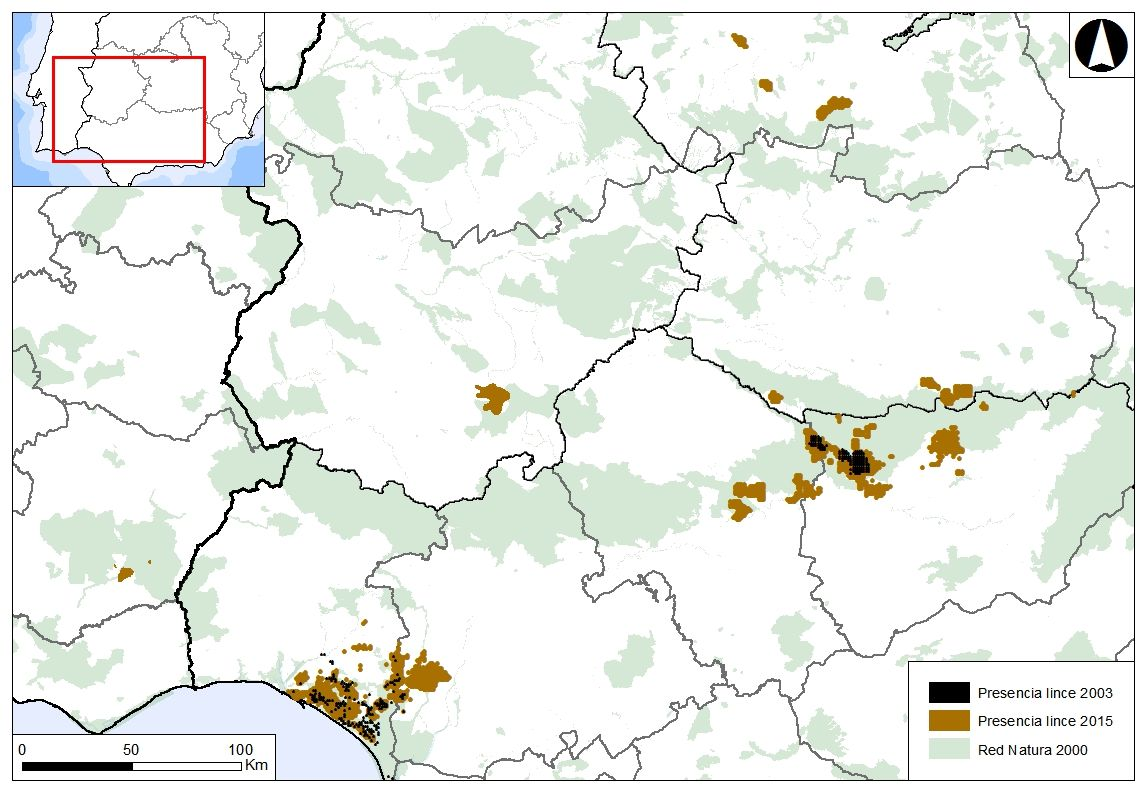 Área de presencia de Lince ibérico en Portugal y España. En negro presencia en 2003, en naranja 2015.