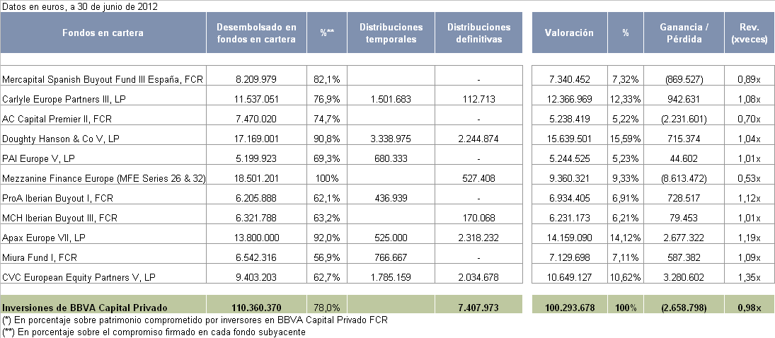 Sección 4 Situación de las inversiones: Valoración de la cartera La tabla siguiente muestra el resumen de los desembolsos efectuados en los distintos