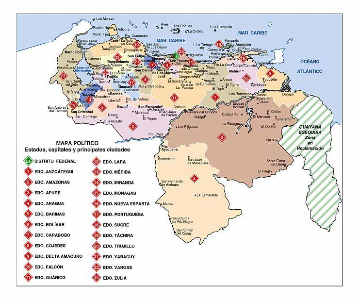 Norte: Mar Caribe territorio venezolano Distrito Capital Sur: Colombia y Brasil Este: Guayana y Océano Atlántico Limita División política Constitución de la República Bolivariana de Venezuela (1999).