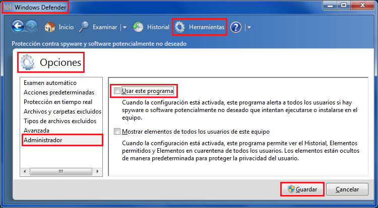 Quitar la selección "Usar este programa" en Windows Defender para evitar que detecte las muestras que se manejen en el laboratorio: En Windows 7 deshabilitar la característica del Control de Cuentas