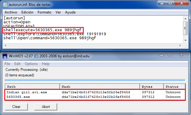 En el archivo autorun.inf la entrada shellexecute se utiliza en lugar de open cuando se requiere iniciar u n archivo que no es ejecutable. Los archivos ejecutables son réplicas de la muestra original.