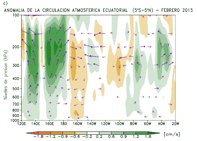 Los movimientos verticales en el Pacífico ecuatorial oriental presentan una configuración similar a la normal climatológica; sin embargo, entre 80 ºW y 60 ºW los movimientos ascendentes, desde 600 a