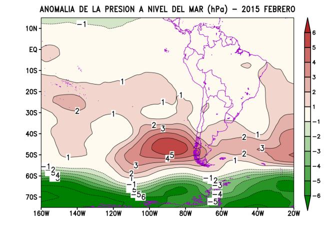 1. CAMPO DE PRESIONES ATMOSFÉRICAS Durante el mes de febrero, el Anticiclón del Pacífico Sur (APS) se mostró intenso con anomalías positivas de hasta +3 hpa en su centro de alta presión.