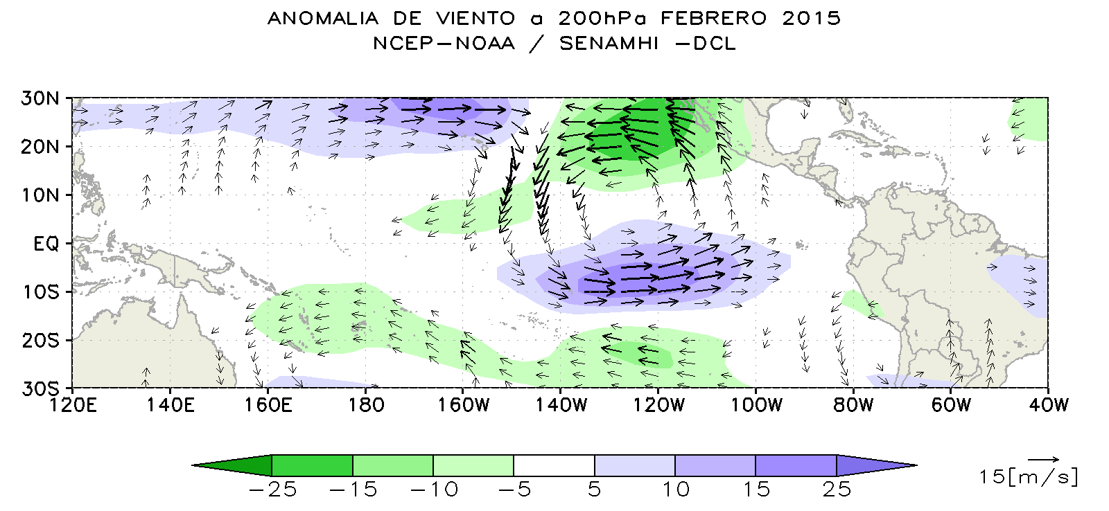 Figura 3. Análisis de anomalías de vientos a 500hPa (superior) y 200hPa (inferior) el mes de Febrero del 2015. Fuente: SENAMHI con datos de la NCEP-NOAA. 3. Indice de Oscilación Sur-IOS El último valor mensual del Índice de Oscilación Sur (IOS), mostrado por la Bureau of Meteorology8, presentó el valor de +0.