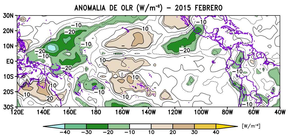 Figura 6. Anomalía de OLR (Outgoing Longwave Radiation) del mes de Febrero del 2015. Fuente: SENAMHI con datos de la NCEP-NOAA.
