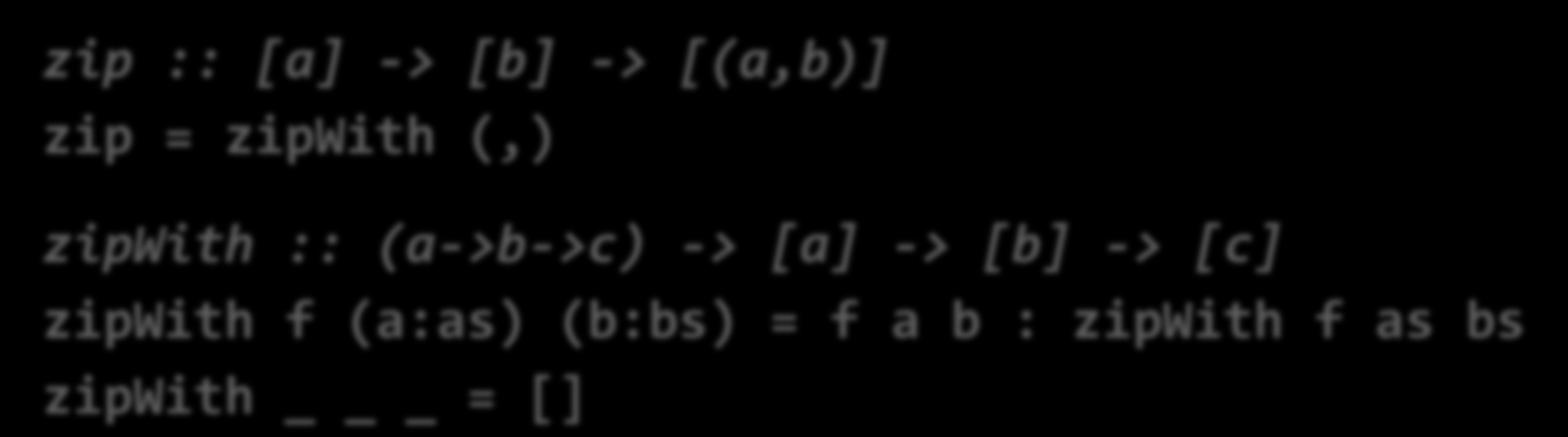 Zip y ZipWith Zip combina dos listas (con elementos de tipos a y b) en una lista de tuplas (si una lista es más larga, se ignoran los elementos sobrantes): zip :: [a] -> [b] -> [(a,b)] zip = zipwith