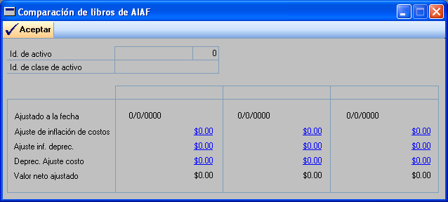 Comparación de los libros de activos después del ajuste de inflación Utilice la ventana Comparación de libros de AIAF para comparar los valores del ajuste de inflación para tres libros de un activo