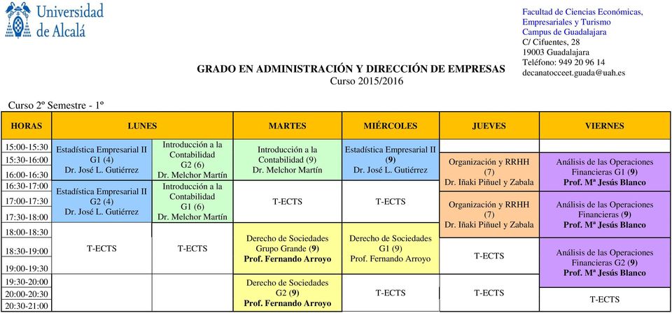 Iñaki Piñuel y Zabala Estadística Empresarial II Contabilidad 17:00-17:30 G2 (4) G1 (6) Organización y RRHH Dr. José L. Gutiérrez 17:30-18:00 (7) Dr.