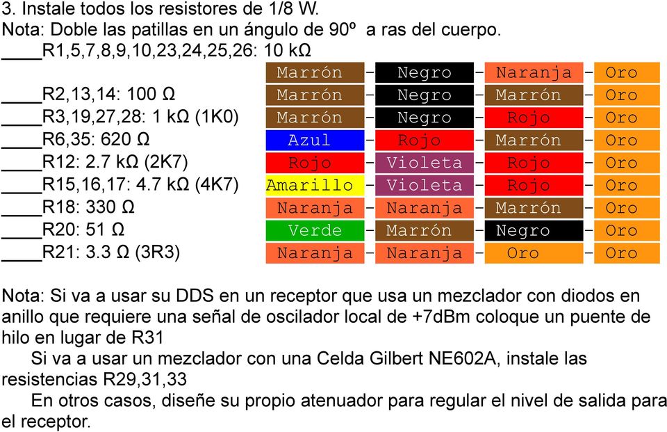 Oro R12: 2.7 kω (2K7) Rojo - Violeta - Rojo - Oro R15,16,17: 4.7 kω (4K7) Amarillo - Violeta - Rojo - Oro R18: 330 Ω Naranja - Naranja - Marrón - Oro R20: 51 Ω Verde - Marrón - Negro - Oro R21: 3.