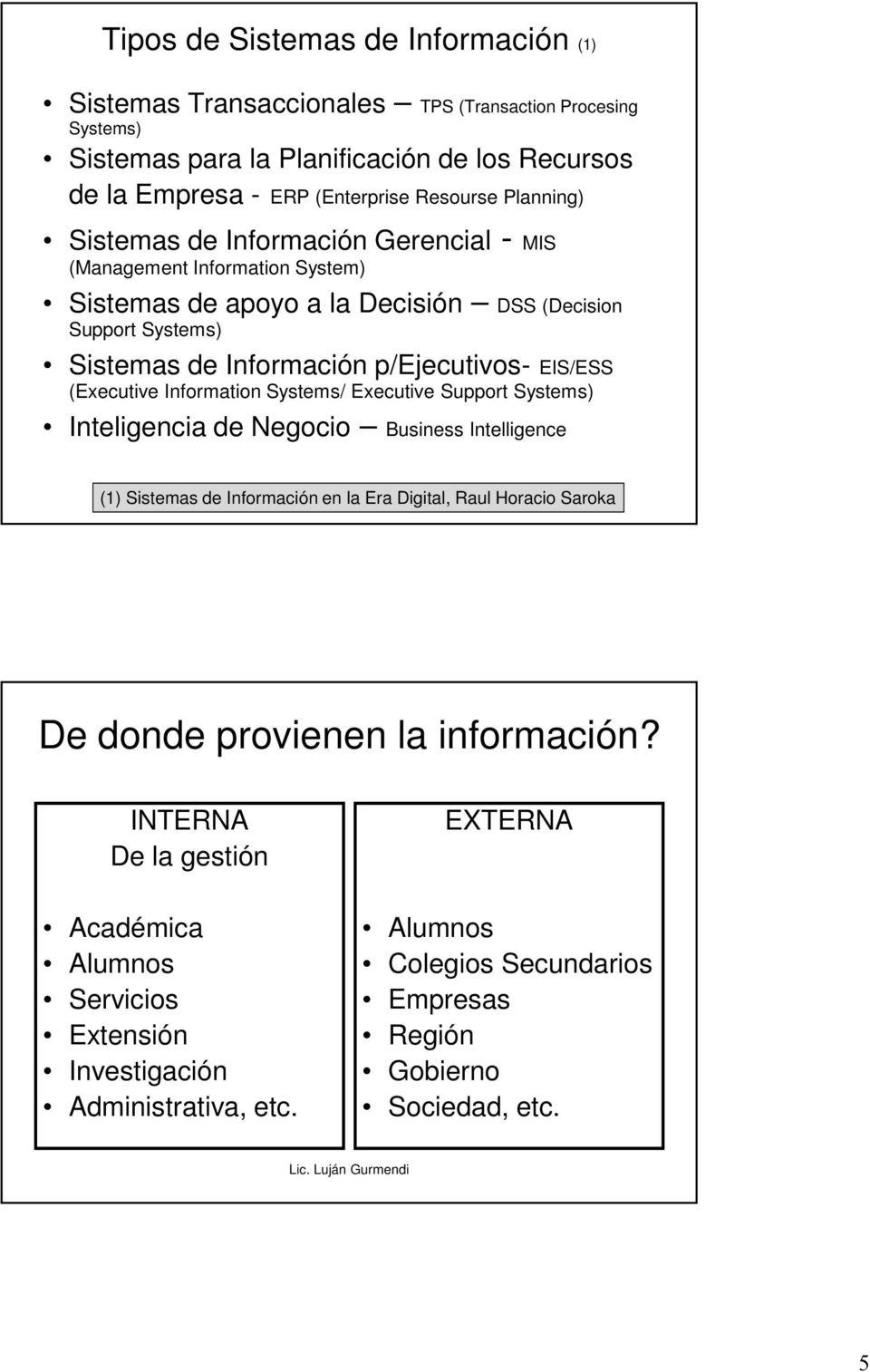 EIS/ESS (Executive Information Systems/ Executive Support Systems) Inteligencia de Negocio Business Intelligence (1) Sistemas de Información en la Era Digital, Raul Horacio Saroka De donde