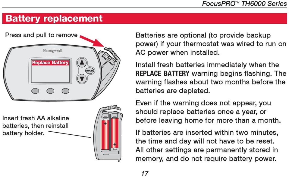 Install fresh batteries immediately when the REPLACE BATTERY warning begins flashing. The warning flashes about two months before the batteries are depleted.