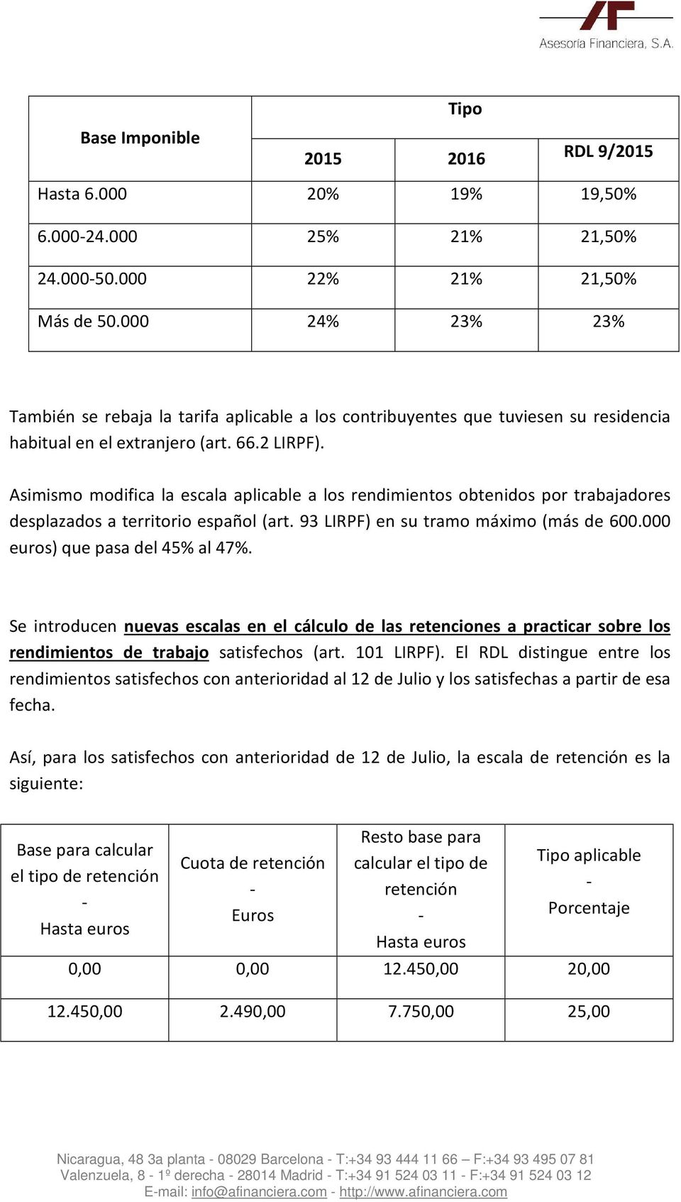 Asimismo modifica la escala aplicable a los rendimientos obtenidos por trabajadores desplazados a territorio español (art. 93 LIRPF) en su tramo máximo (más de 600.000 euros) que pasa del 45% al 47%.