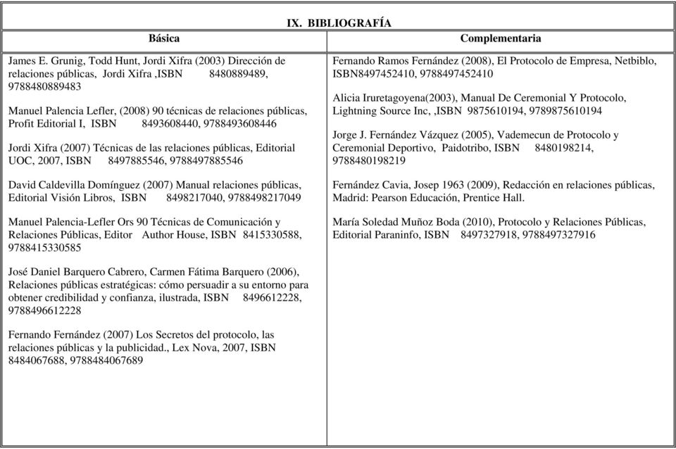 I, ISBN 8493608440, 9788493608446 Jordi Xifra (2007) Técnicas de las relaciones públicas, Editorial UOC, 2007, ISBN 8497885546, 9788497885546 David Caldevilla Domínguez (2007) Manual relaciones