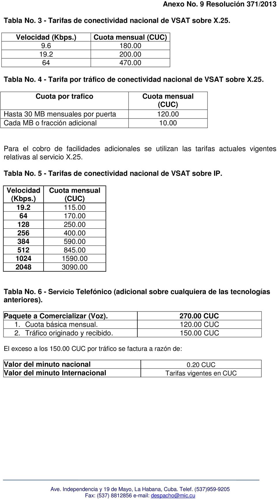 00 Para el cobro de facilidades adicionales se utilizan las tarifas actuales vigentes relativas al servicio X.25. Tabla No. 5 - Tarifas de conectividad nacional de VSAT sobre IP. Velocidad (Kbps.