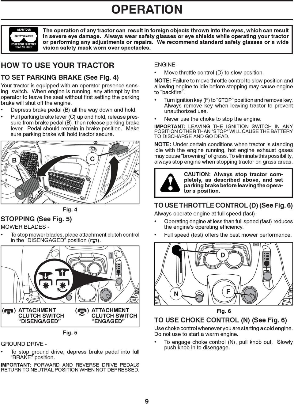 We rec om mend standard safety glasses or a wide vision safety mask worn over spectacles. HOW TO USE YOUR TRAC TOR TO SET PARKING BRAKE (See Fig.