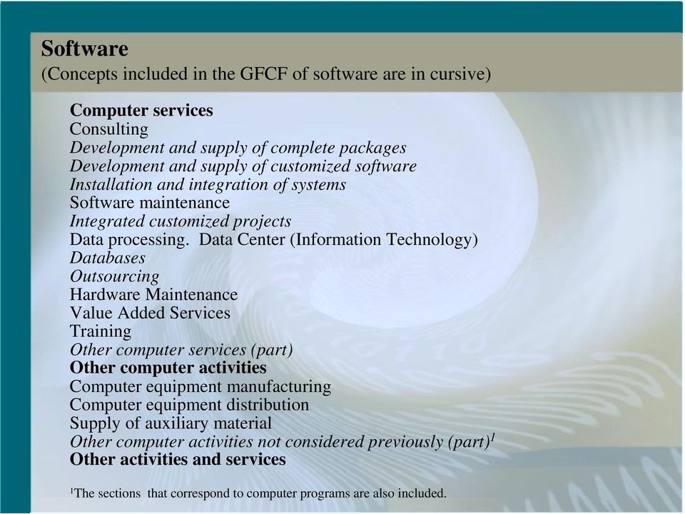 Data Center (Information Technology) Databases Outsourcing Hardware Maintenance Value Added Services Training Other computer services (part) Other computer activities Computer