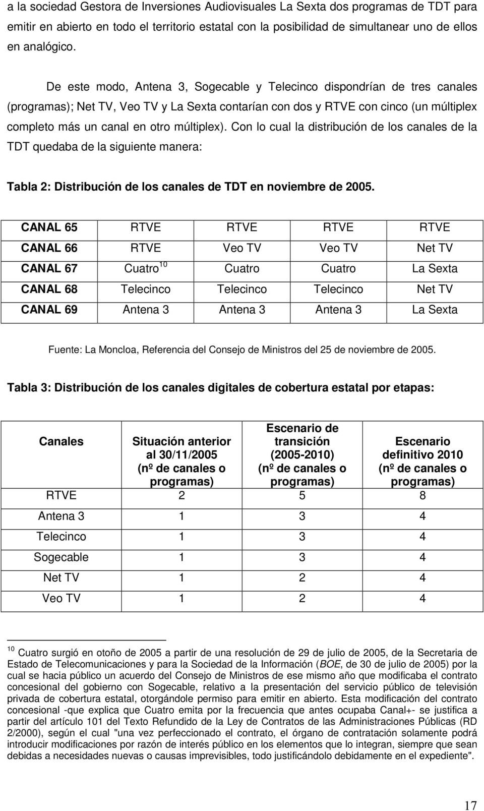 múltiplex). Con lo cual la distribución de los canales de la TDT quedaba de la siguiente manera: Tabla 2: Distribución de los canales de TDT en noviembre de 2005.